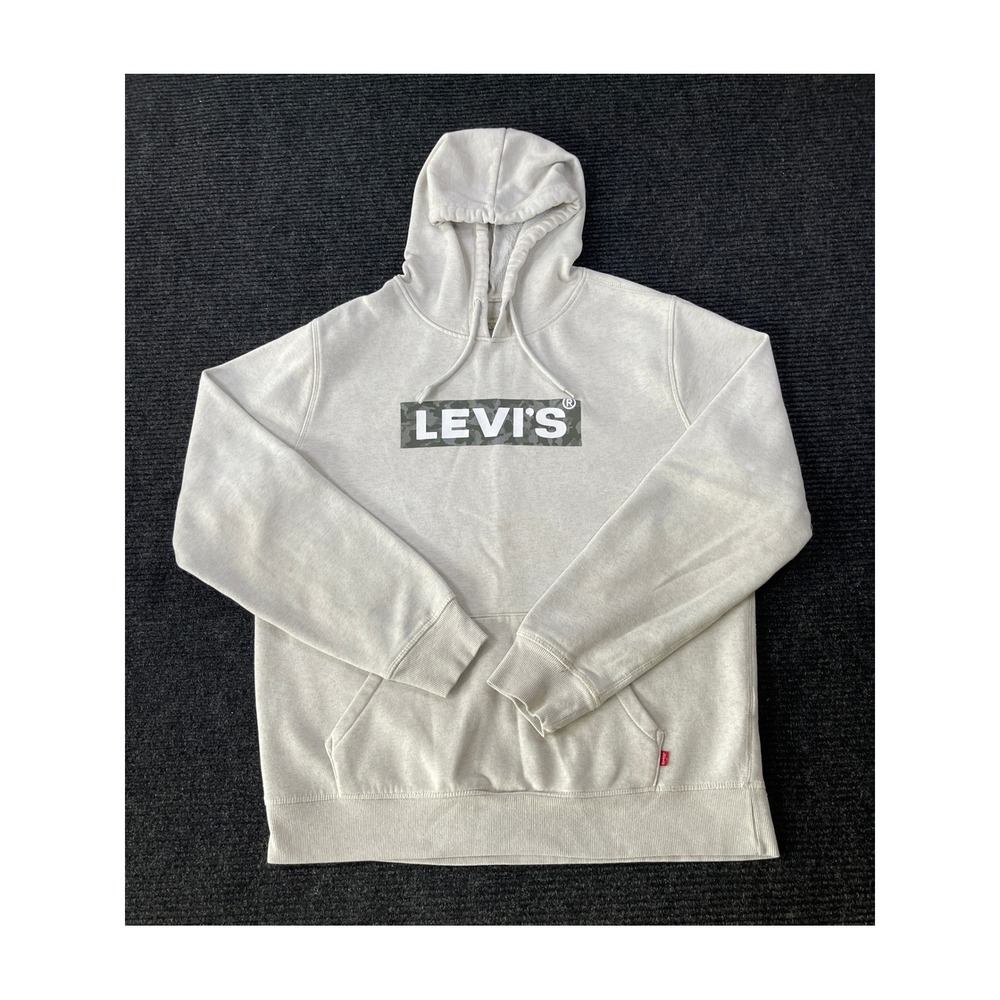 Levis Mens Camo Box Logo Hoodie Oatmeal Heather Fleece Pullover Large - Picture 2 of 9